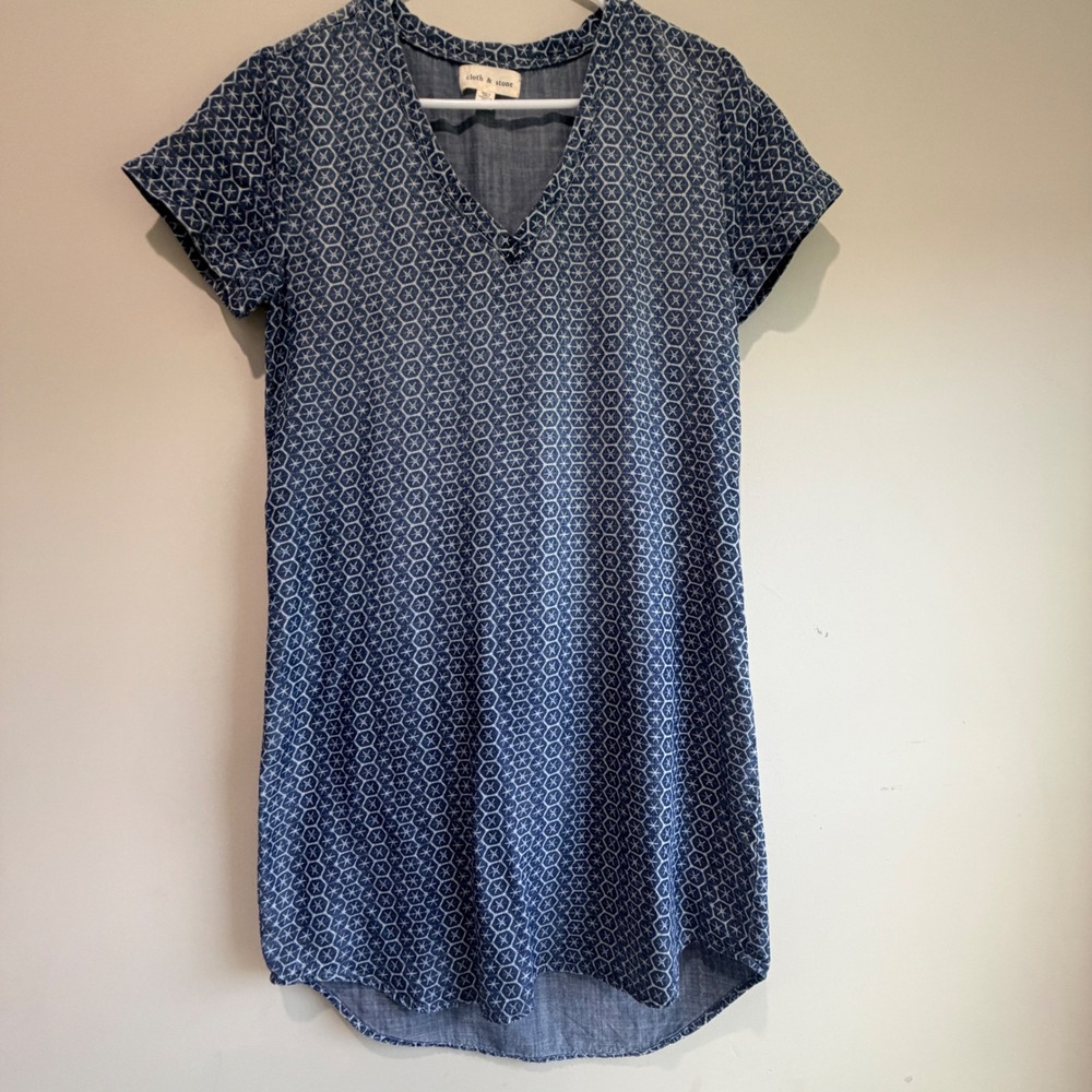Cloth Stone Tencel Geometric Shift Dress Women XS Blue Flowy Minimalist Indie